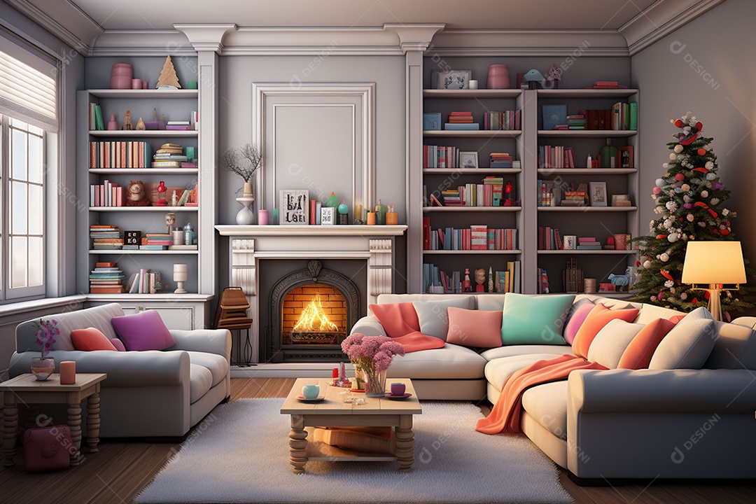 Sala de estar estilo 3D da pixar com estilo moderno e iluminação