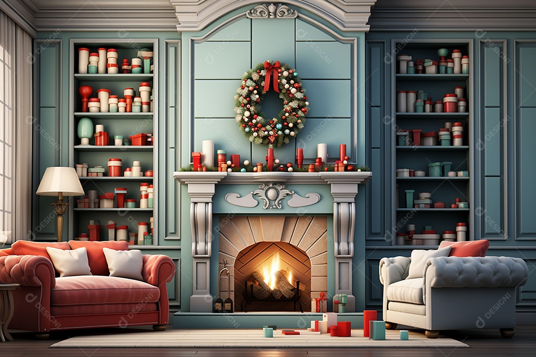 Sala de estar estilo 3D da pixar com estilo moderno e iluminação