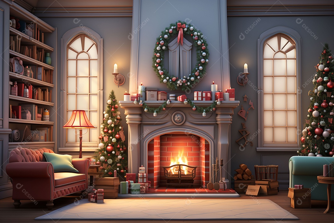 Sala de estar estilo 3D da pixar com estilo moderno e iluminação