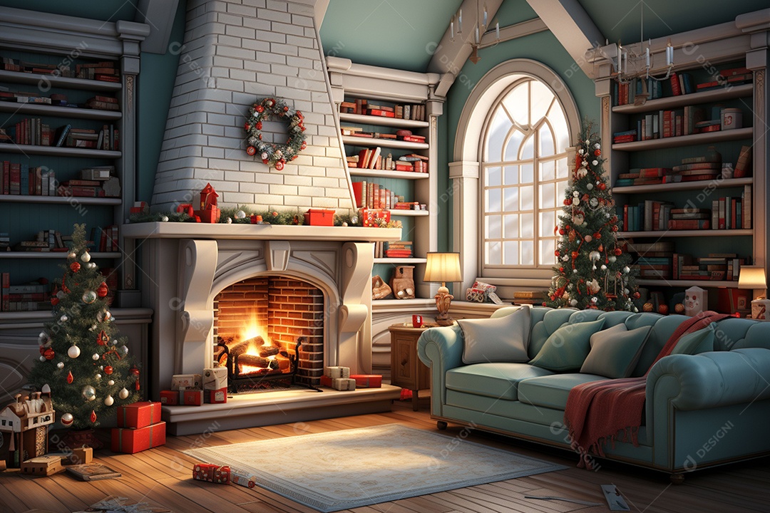 Sala de estar estilo 3D da pixar com estilo moderno e iluminação