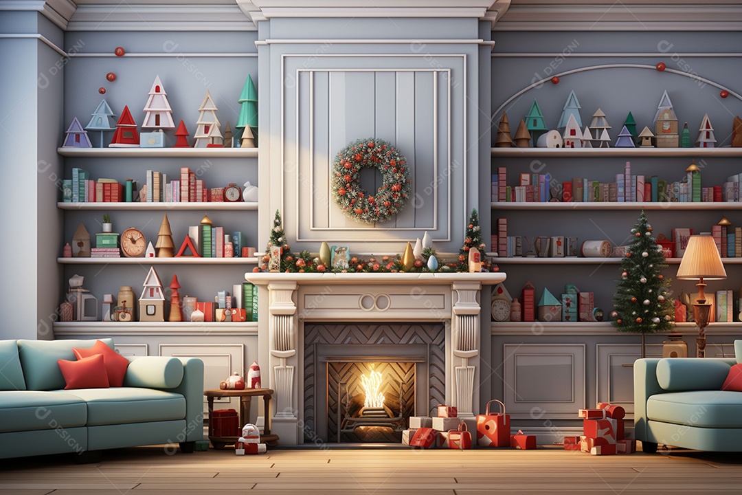 Sala de estar estilo 3D da pixar com estilo moderno e iluminação