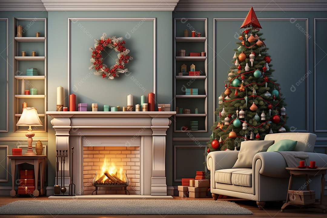 Sala de estar estilo 3D da pixar com estilo moderno e iluminação