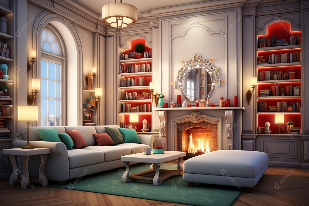 Sala de estar estilo 3D da pixar com estilo moderno e iluminação