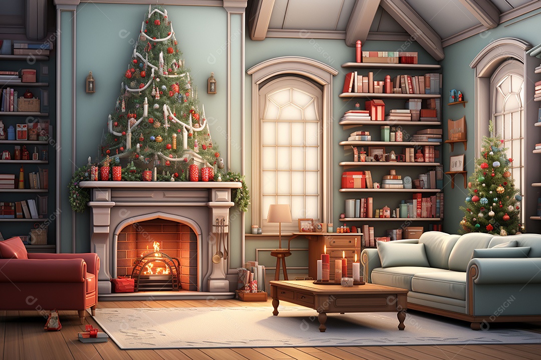 Sala de estar estilo 3D da pixar com estilo moderno e iluminação