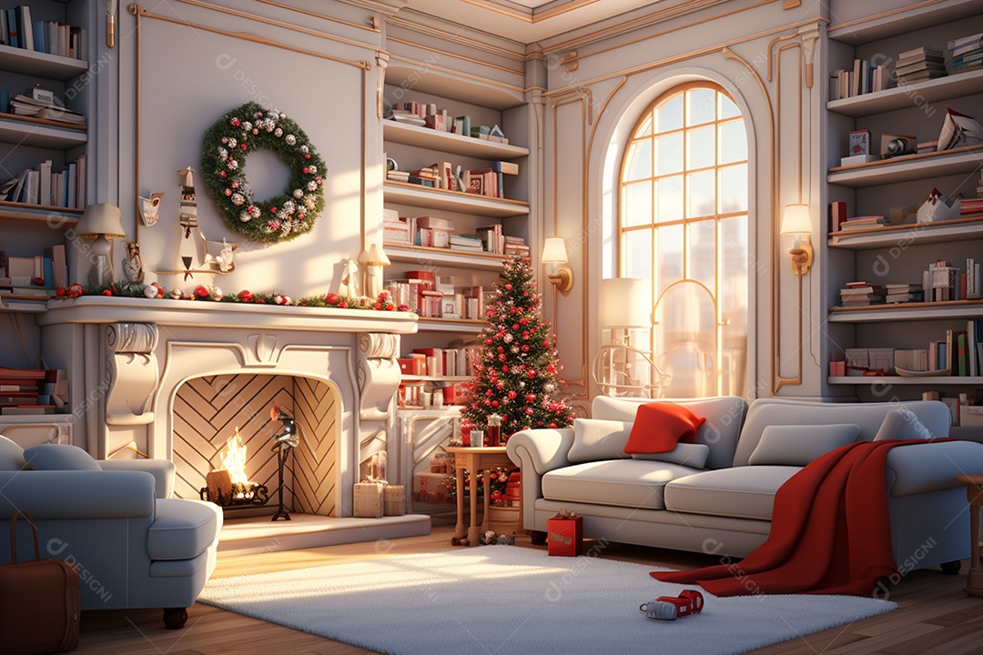 Sala de estar estilo 3D da pixar com estilo moderno e iluminação