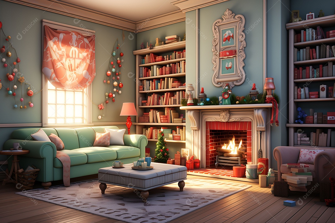 Sala de estar estilo 3D da pixar com estilo moderno e iluminação