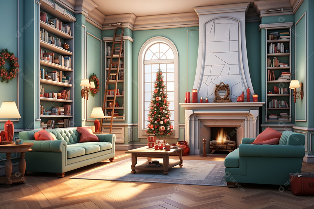 Sala de estar estilo 3D da pixar com estilo moderno e iluminação