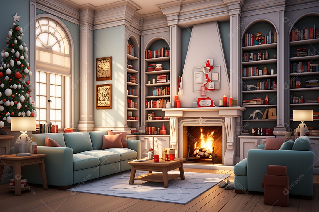 Sala de estar estilo 3D da pixar com estilo moderno e iluminação