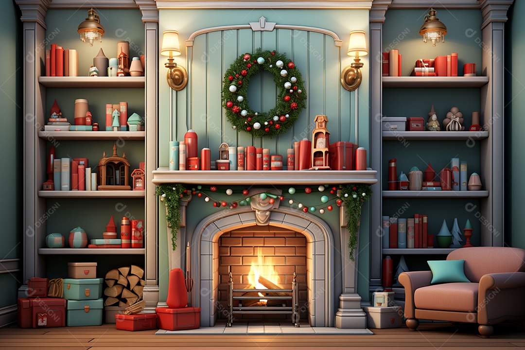 Sala de estar estilo 3D da pixar com estilo moderno e iluminação