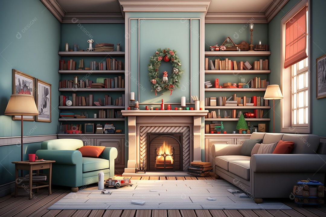 Sala de estar estilo 3D da pixar com estilo moderno e iluminação