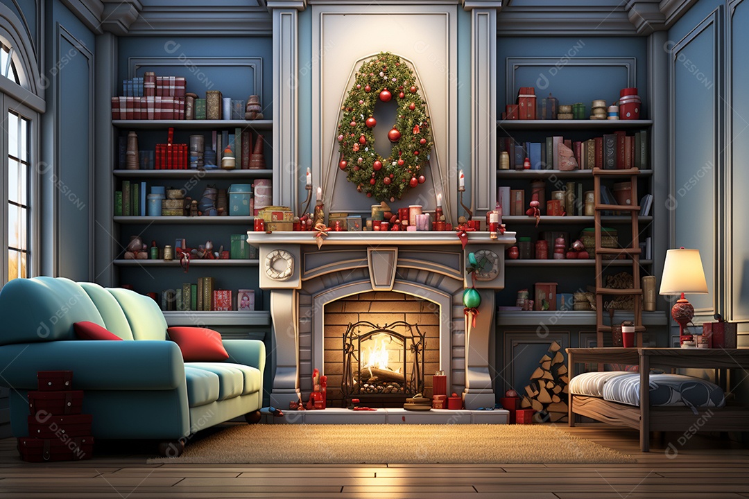 Sala de estar estilo 3D da pixar com estilo moderno e iluminação