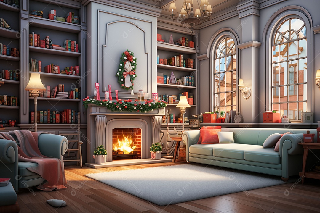 Sala de estar estilo 3D da pixar com estilo moderno e iluminação