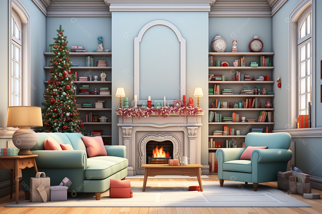 Sala de estar estilo 3D da pixar com estilo moderno e iluminação