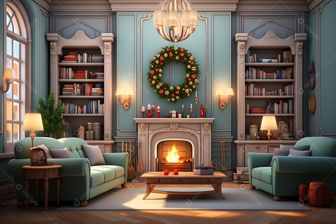 Sala de estar estilo 3D da pixar com estilo moderno e iluminação