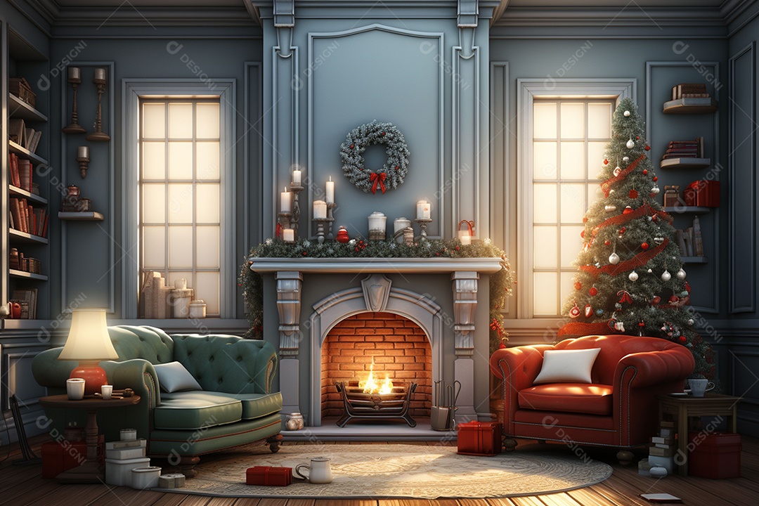 Sala de estar estilo 3D da pixar com estilo moderno e iluminação