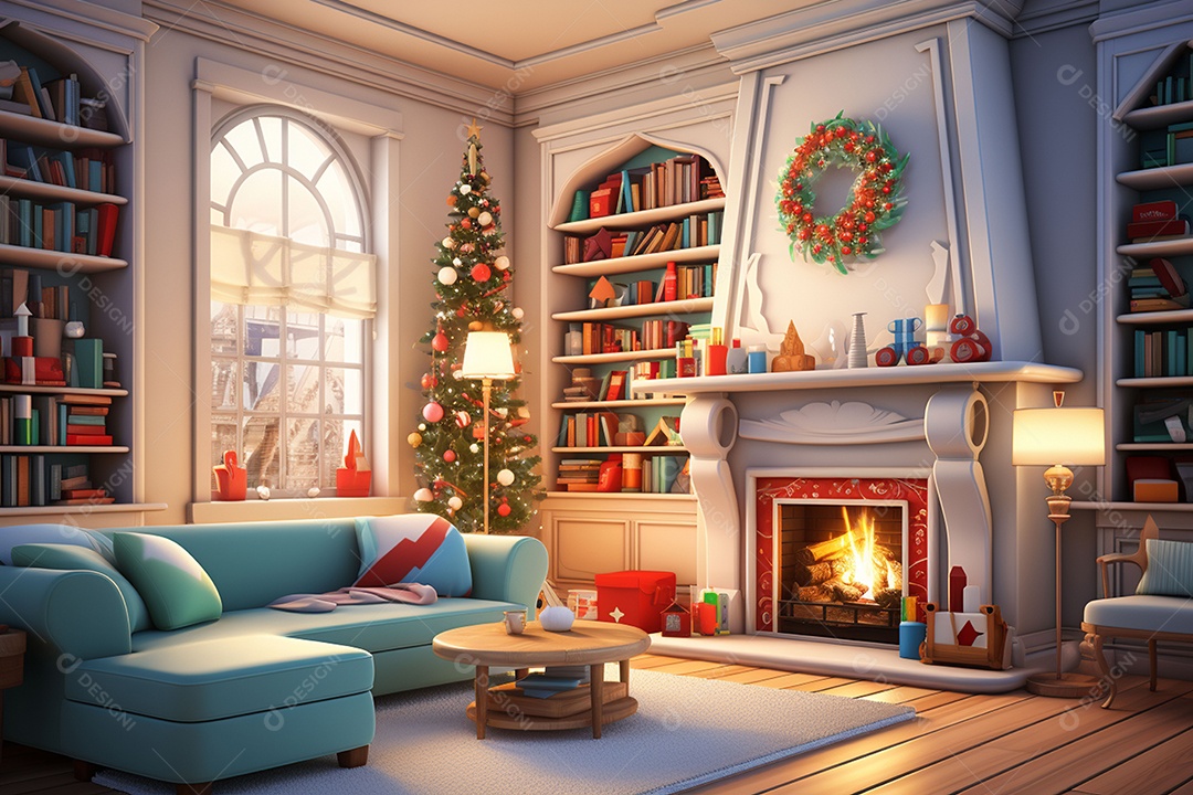 Sala de estar estilo 3D da pixar com estilo moderno e iluminação