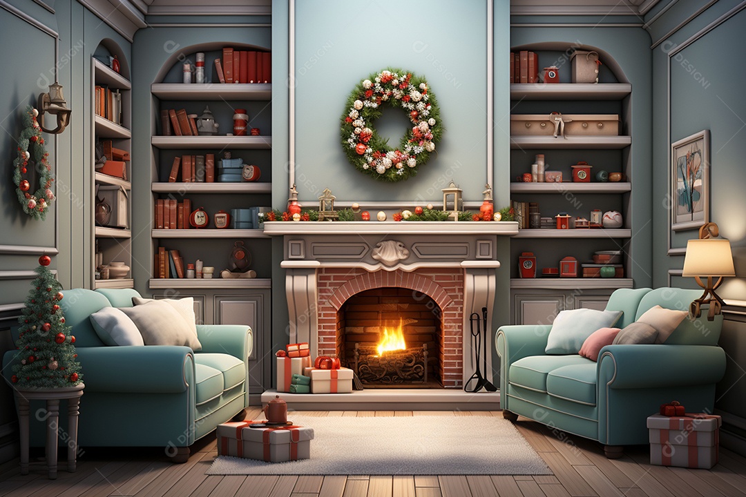 Sala de estar estilo 3D da pixar com estilo moderno e iluminação