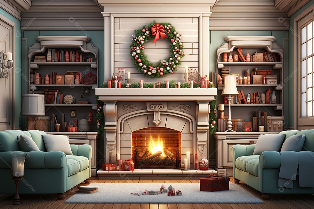 Sala de estar estilo 3D da pixar com estilo moderno e iluminação