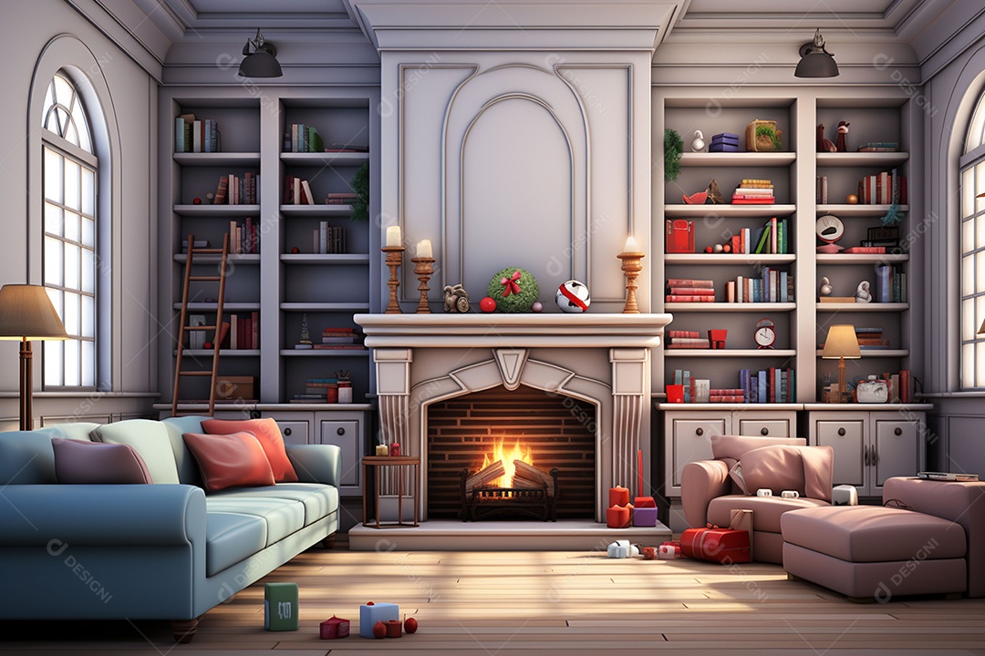 Sala de estar estilo 3D da pixar com estilo moderno e iluminação