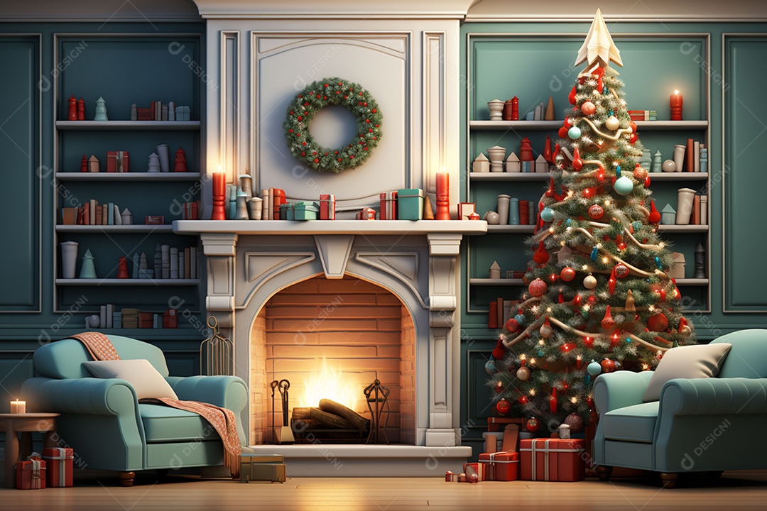 Sala de estar estilo 3D da pixar com estilo moderno e iluminação