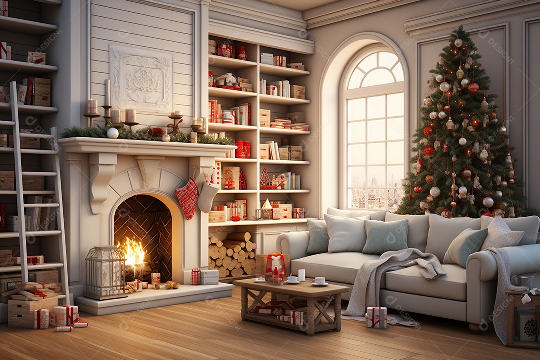 Sala de estar estilo 3D da pixar com estilo moderno e iluminação