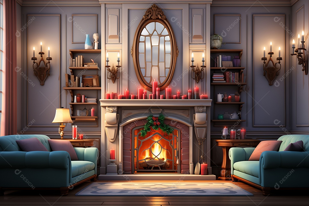 Sala de estar estilo 3D da pixar com estilo moderno e iluminação