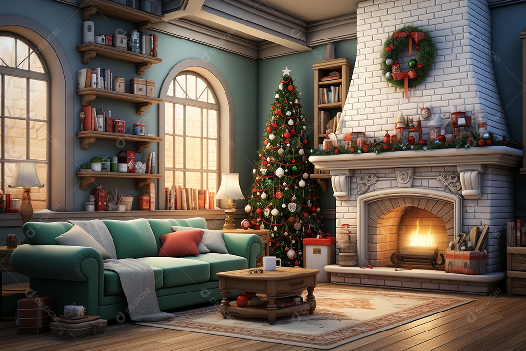 Sala de estar estilo 3D da pixar com estilo moderno e iluminação