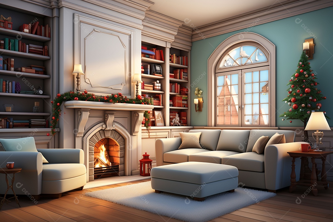 Sala de estar estilo 3D da pixar com estilo moderno e iluminação