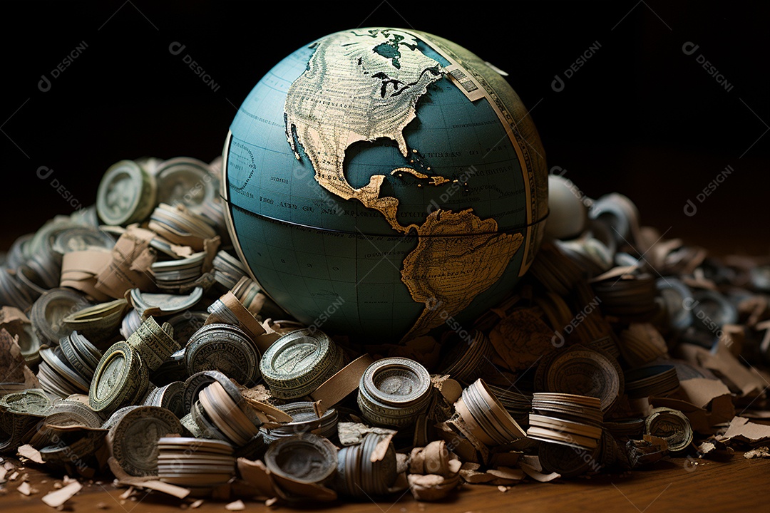 Pobre homem em turbulência rolando a terra feita de dinheiro