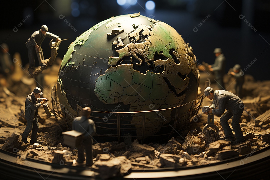 Pobre homem em turbulência rolando a terra feita de dinheiro