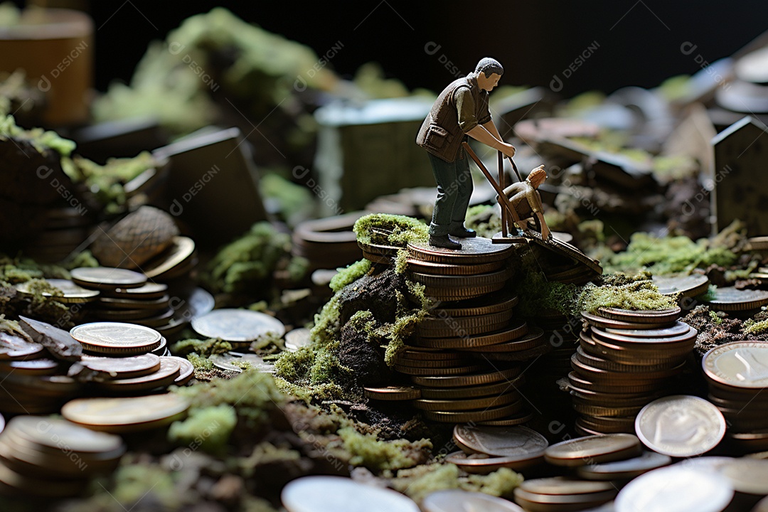 Pobre homem em turbulência rolando a terra feita de dinheiro