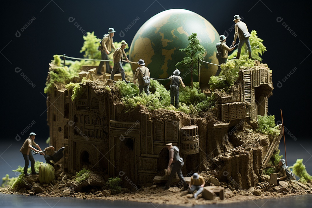 Pobre homem em turbulência rolando a terra feita de dinheiro