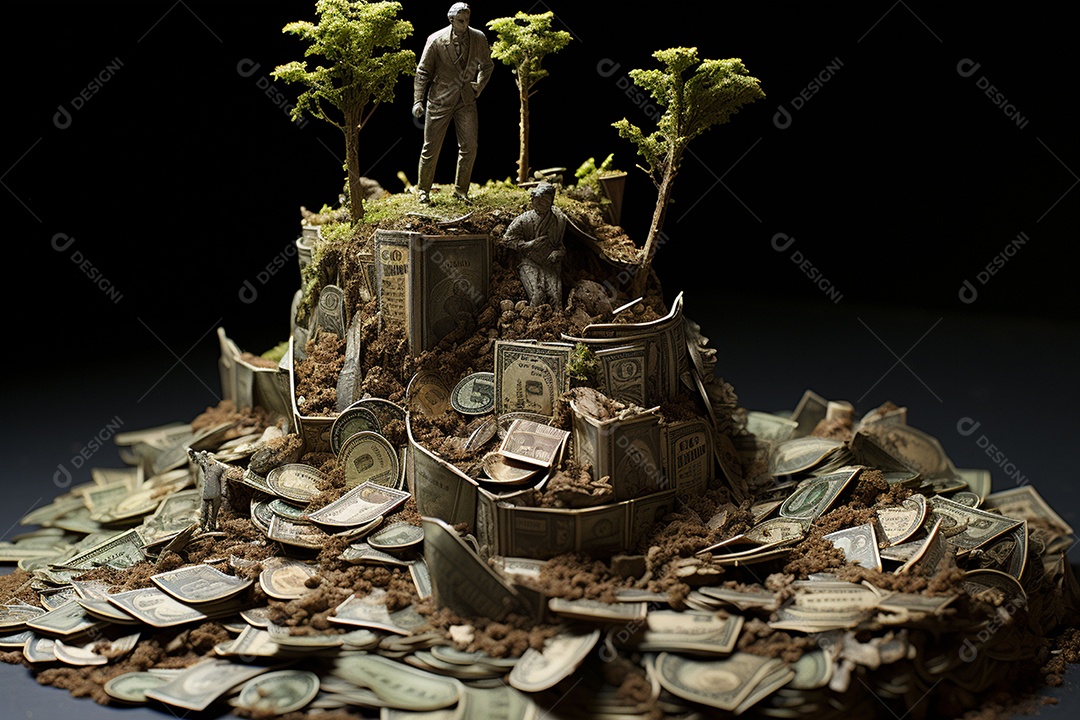 Pobre homem em turbulência rolando a terra feita de dinheiro