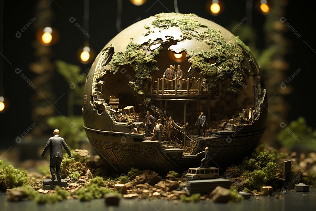 Pobre homem em turbulência rolando a terra feita de dinheiro