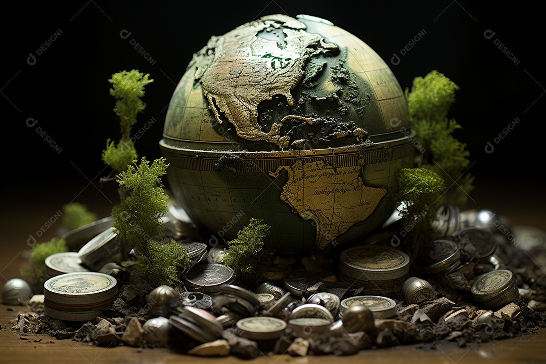 Pobre homem em turbulência rolando a terra feita de dinheiro