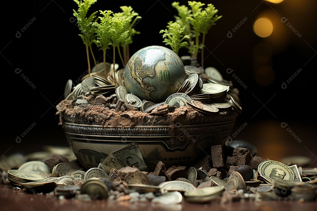 Pobre homem em turbulência rolando a terra feita de dinheiro