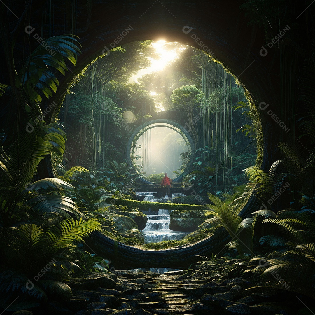 Portal para outra dimensão em uma chuva tropical