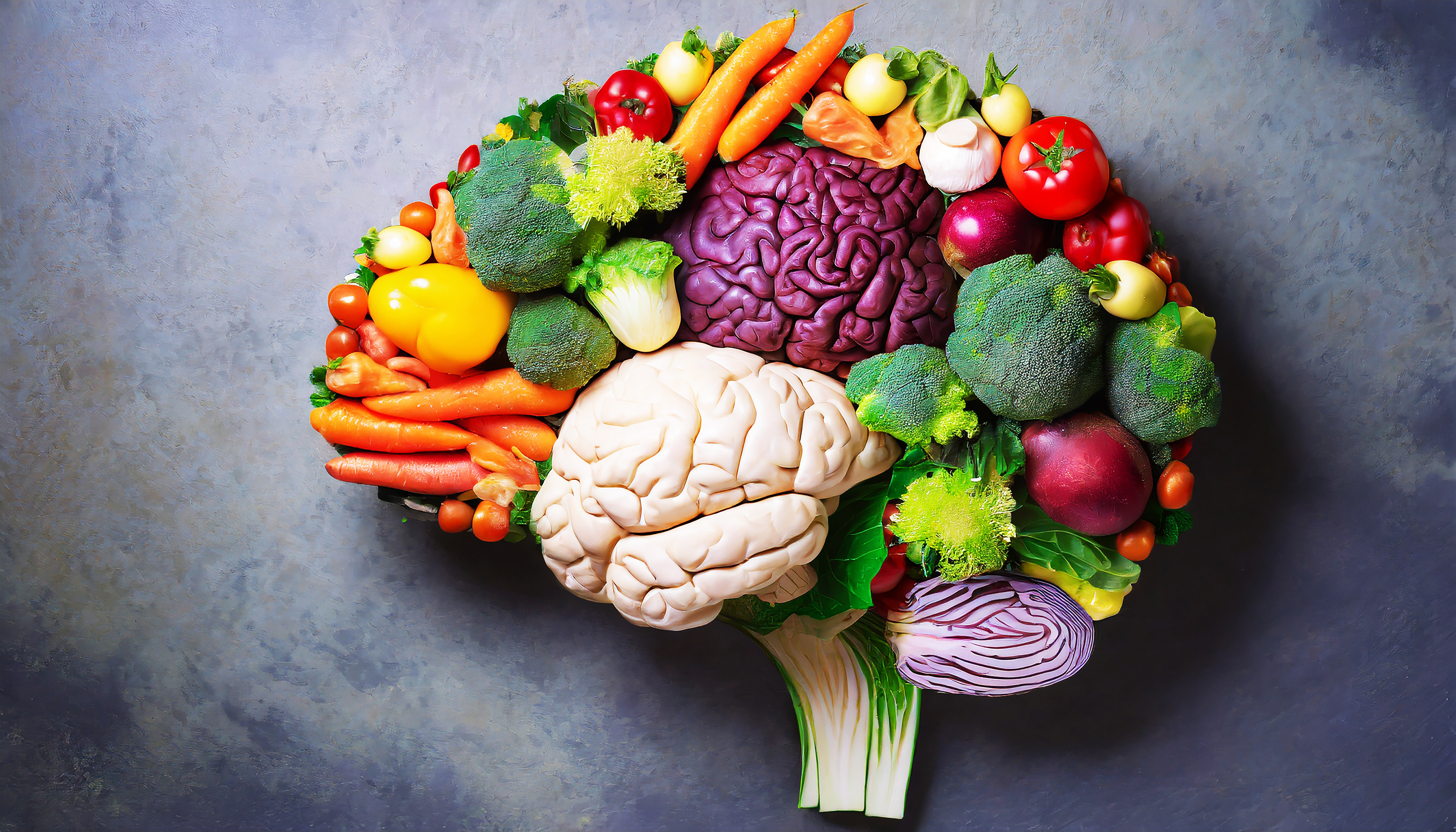 Cérebro humano feito de variedade de vegetais coloridos conceito de nutrição saudável vegana vegetariana