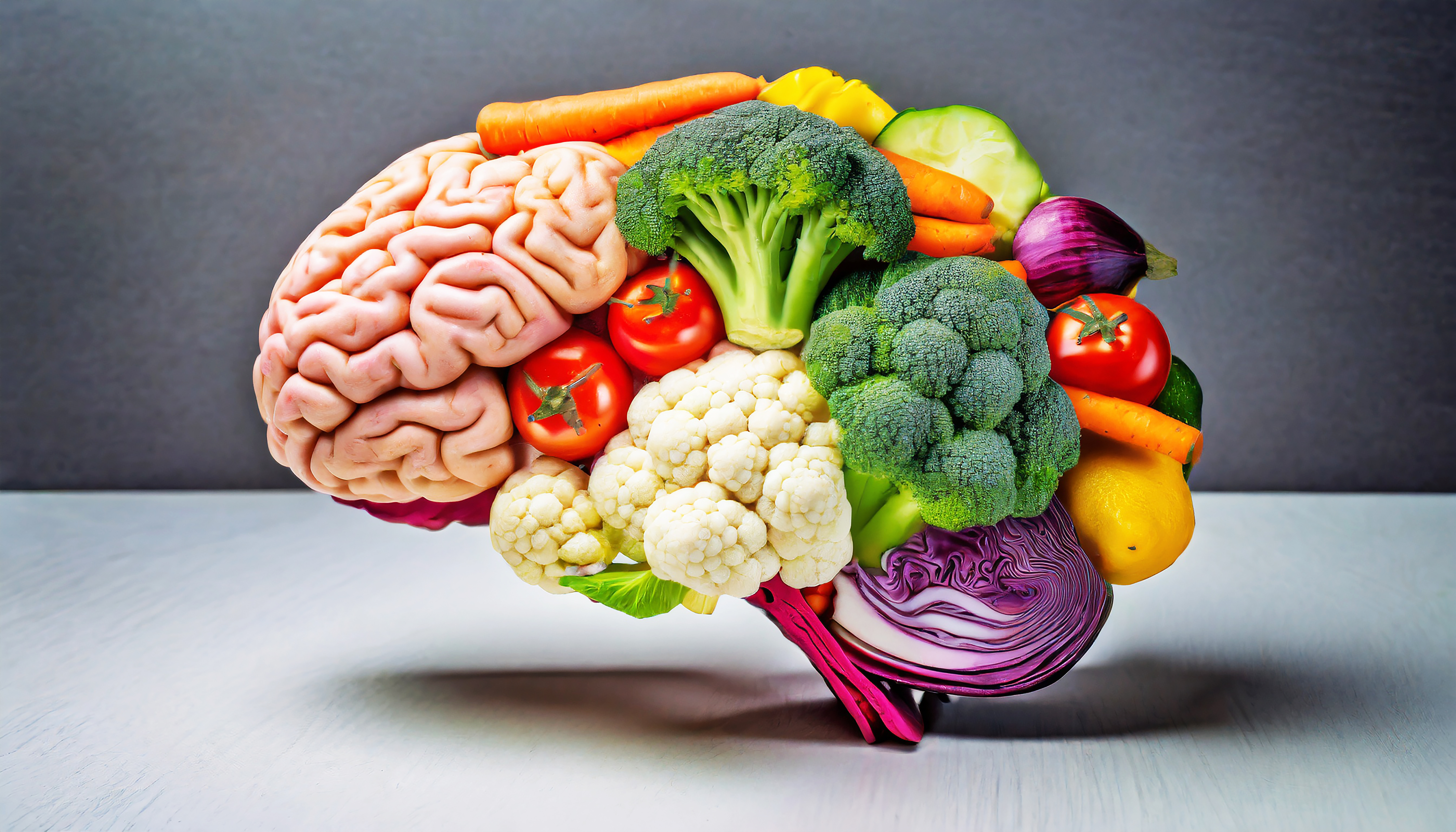 Cérebro humano feito de variedade de vegetais coloridos conceito de nutrição saudável vegana vegetariana