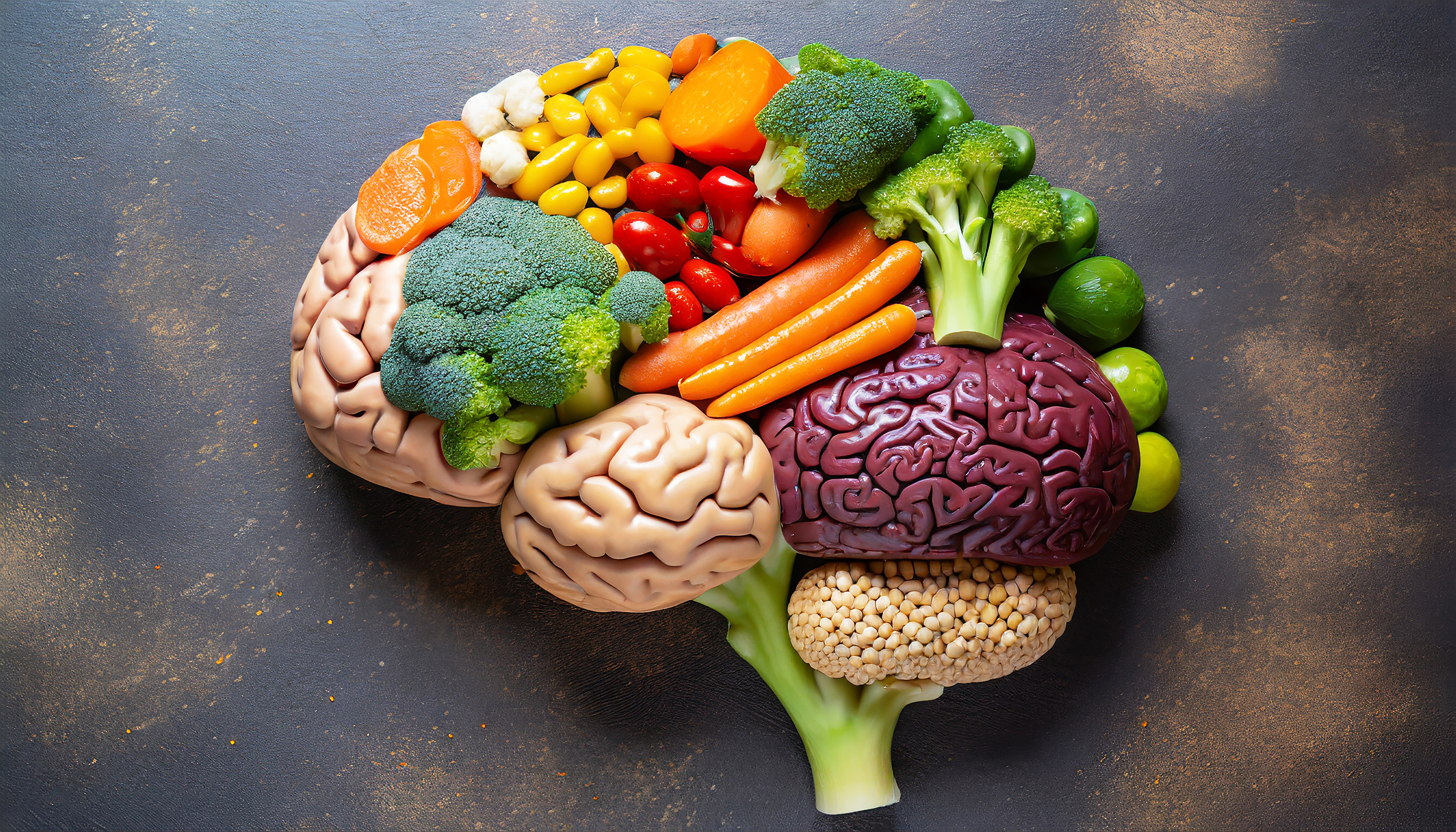 Cérebro humano feito de variedade de vegetais coloridos conceito de nutrição saudável vegana vegetariana