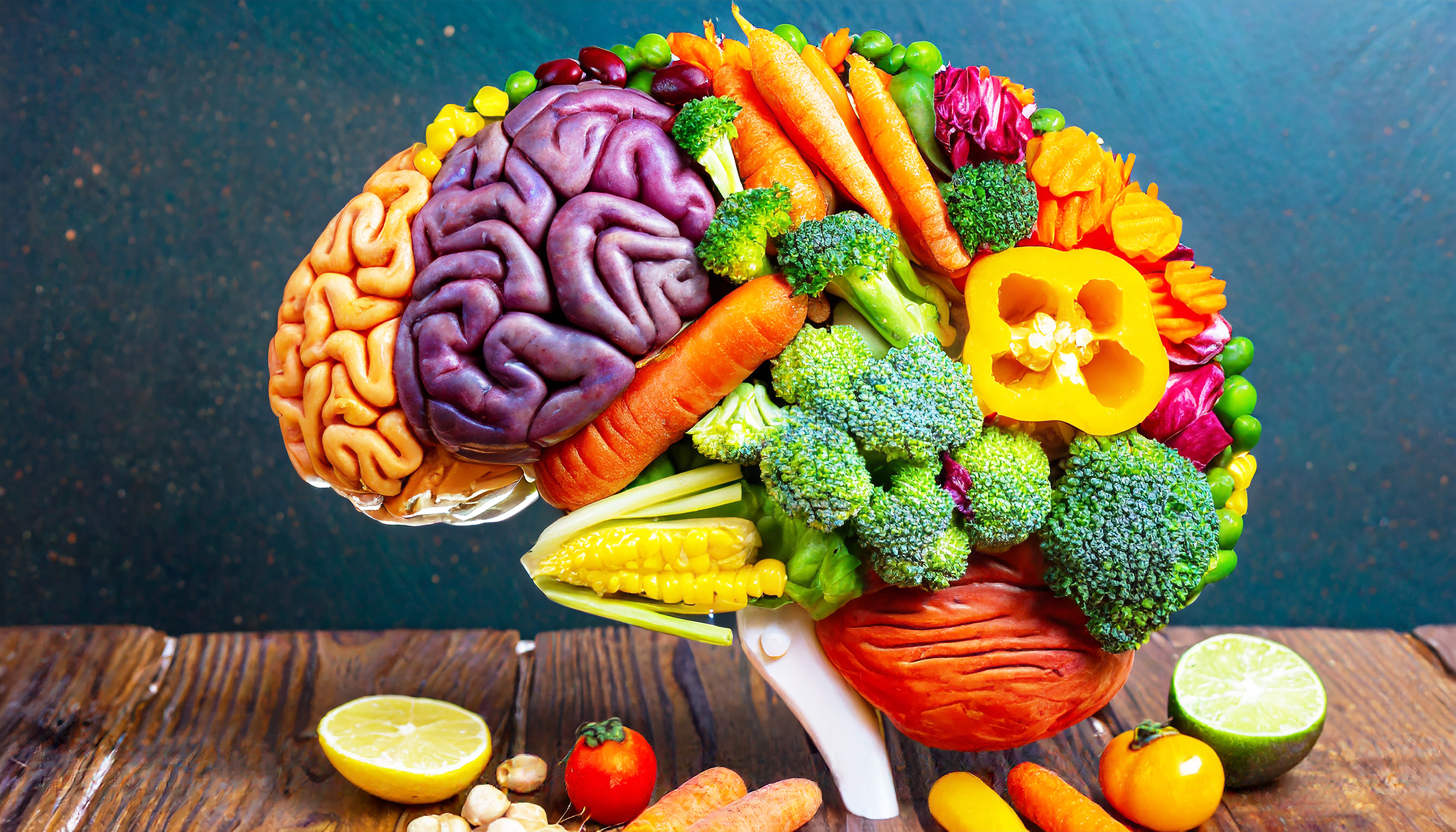 Cérebro humano feito de variedade de vegetais coloridos conceito de nutrição saudável vegana vegetariana