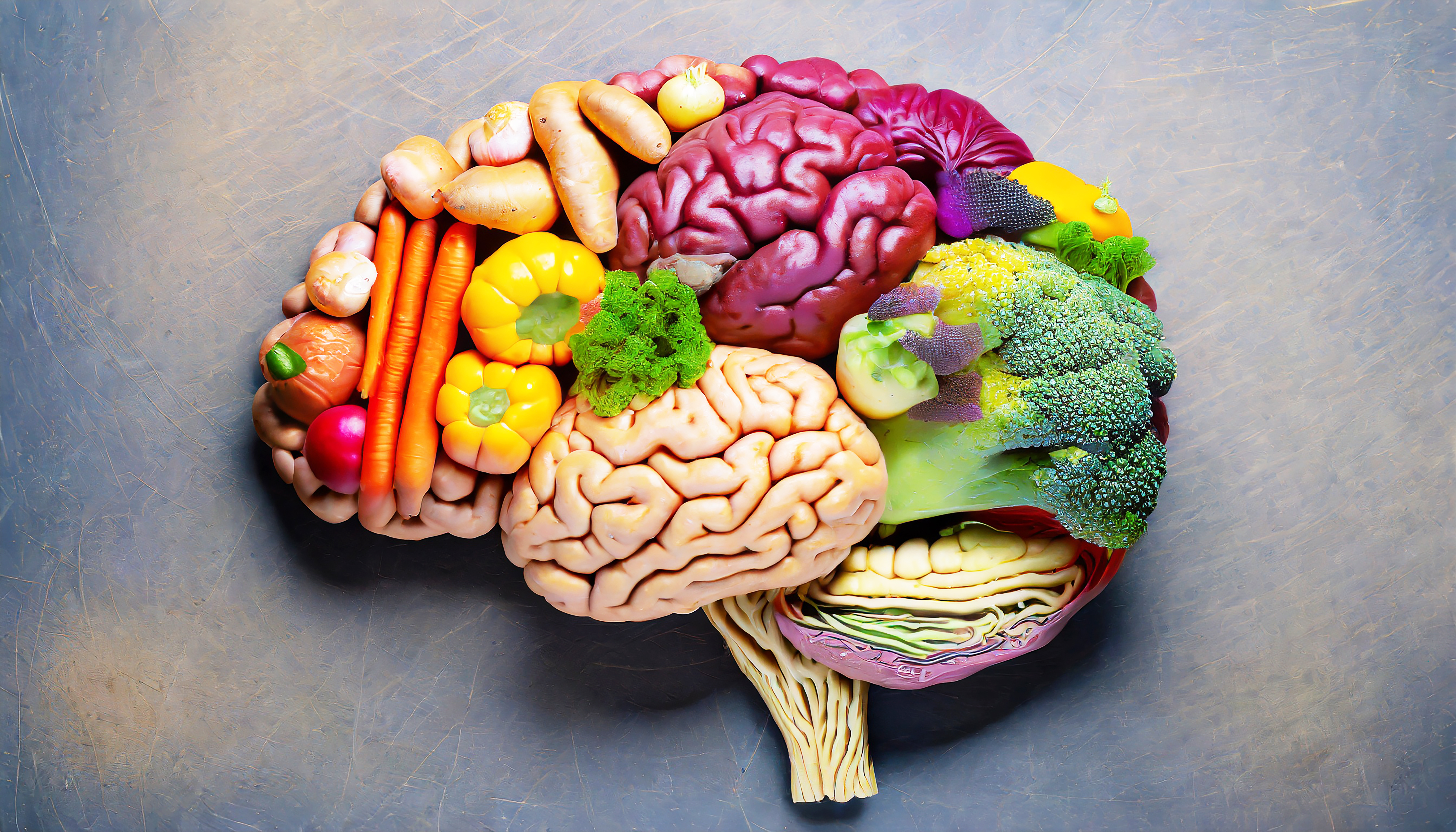 Cérebro humano feito de variedade de vegetais coloridos conceito de nutrição saudável vegana vegetariana