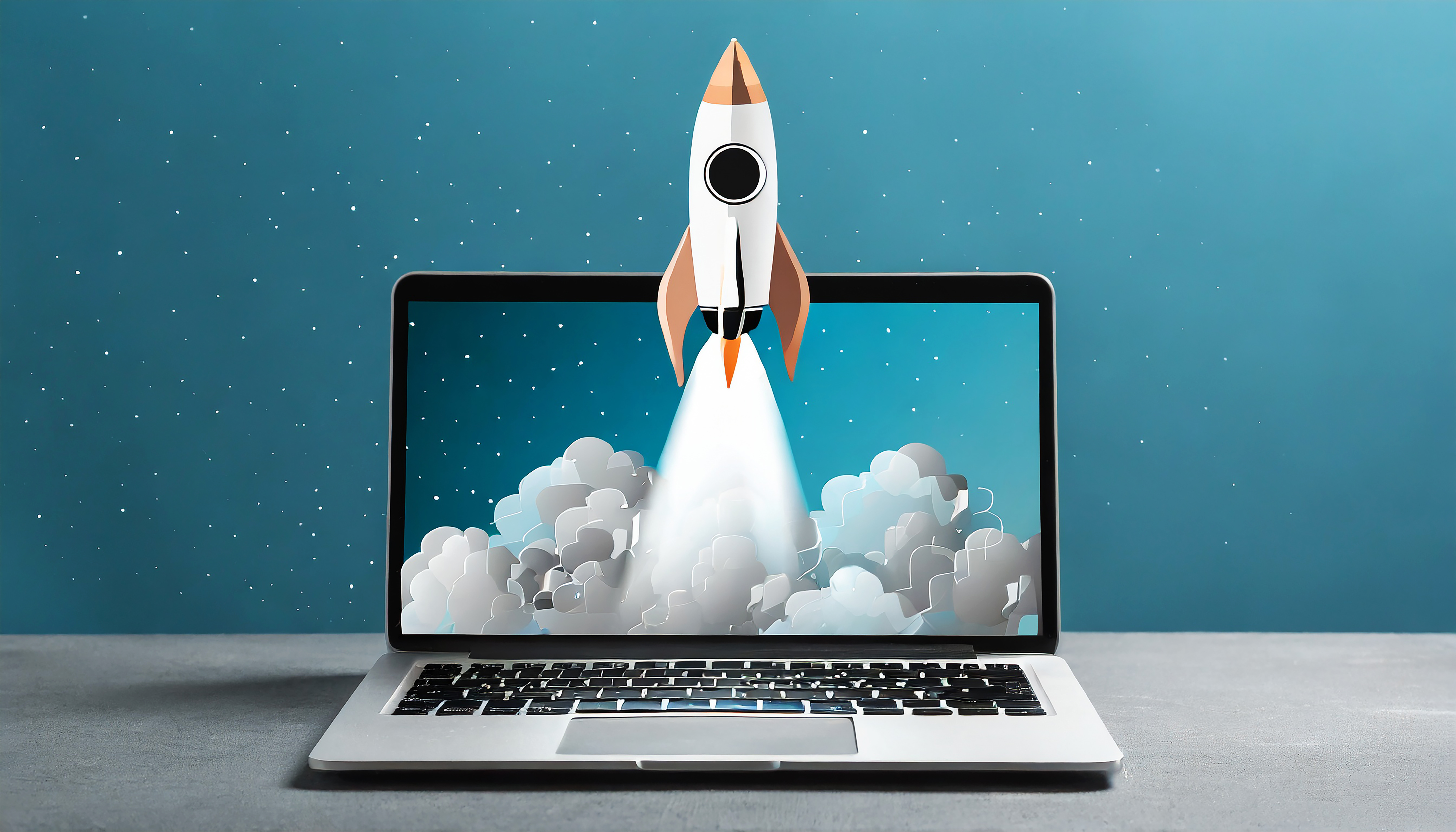 Leptop com foguete saindo de sua tela sobre um fundo azul escuro isolado