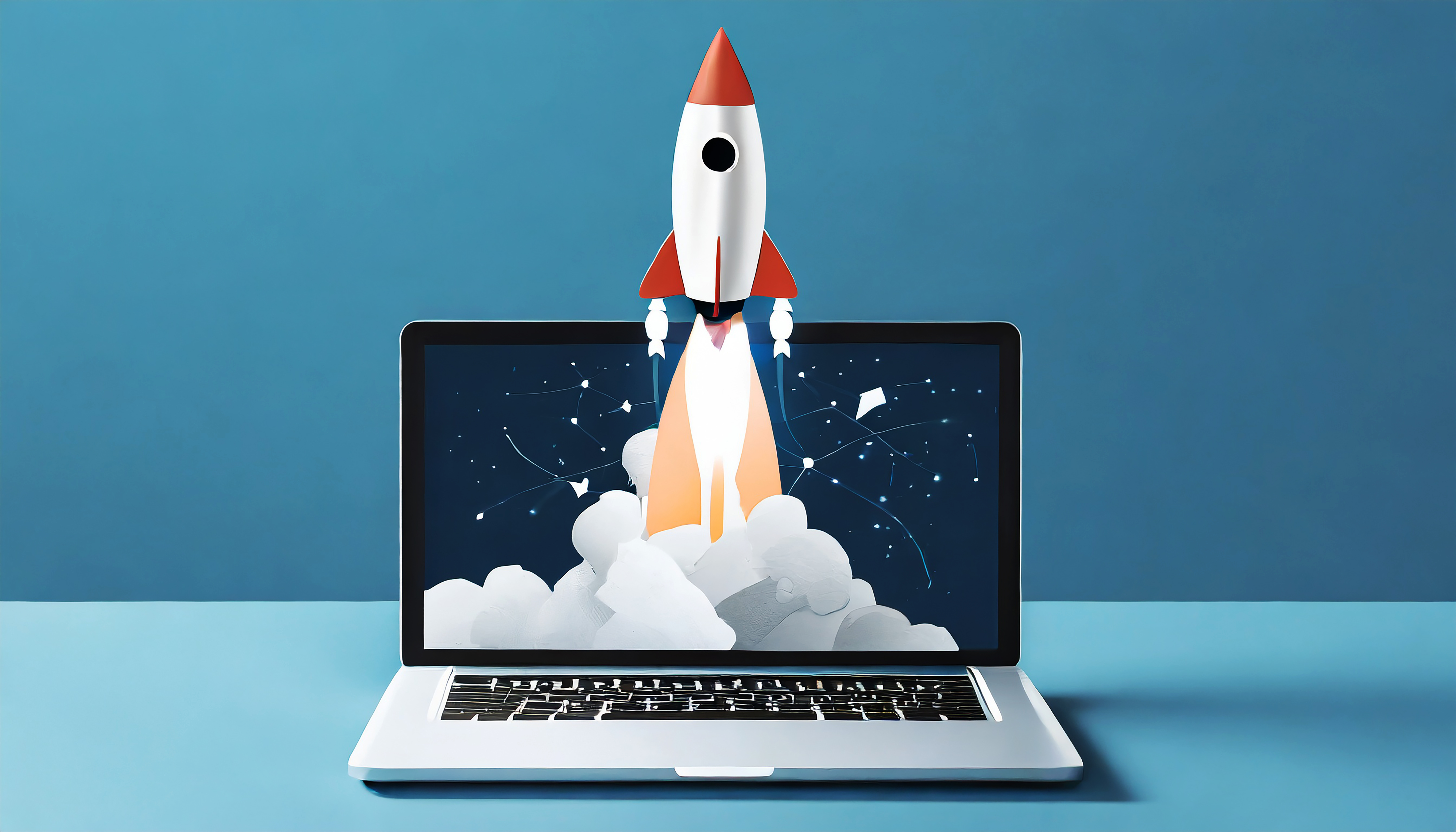 Laptop e foguete voando da tela fundo azul com espaço para texto conceito de inicialização