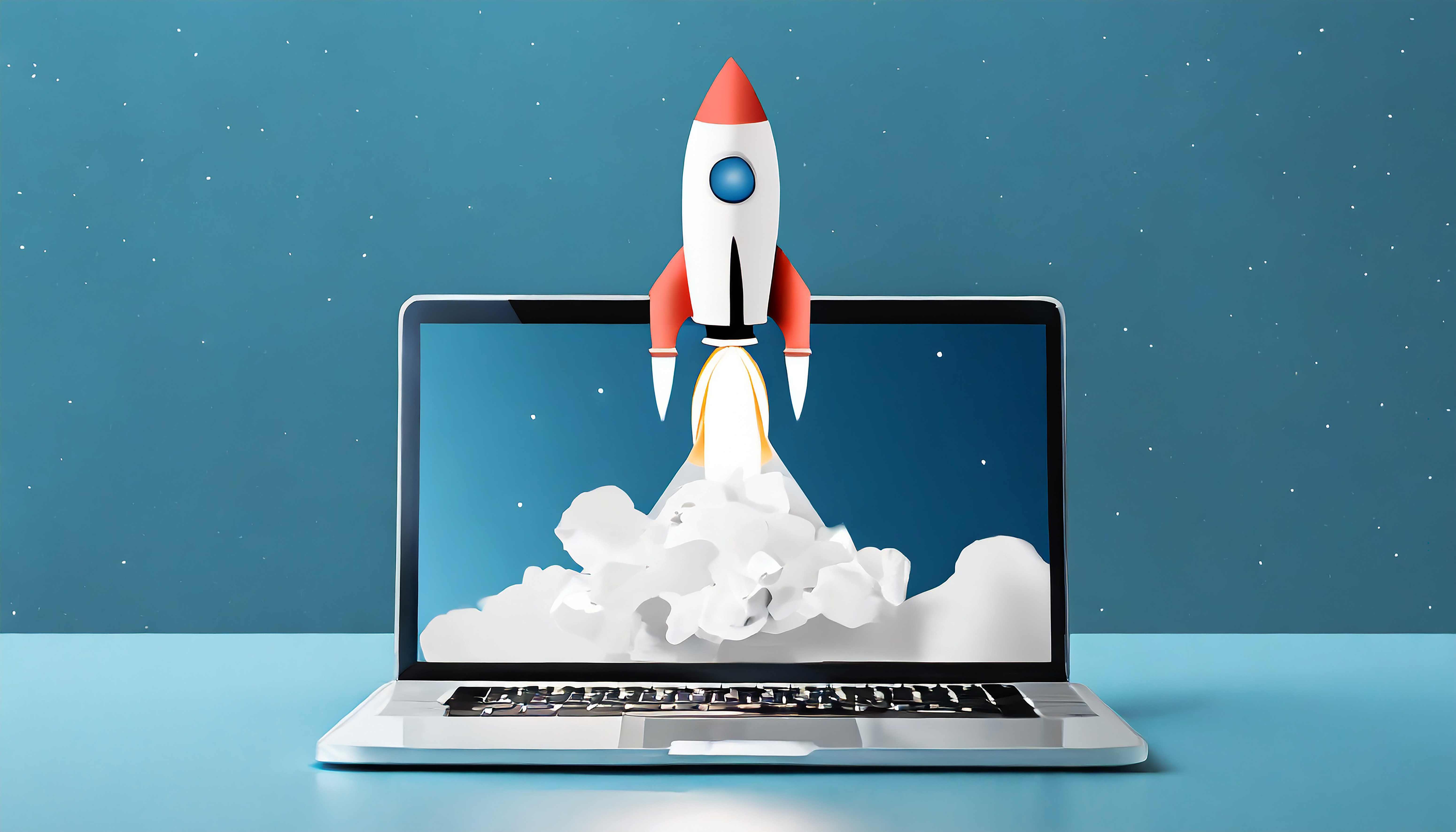 Laptop e foguete voando da tela fundo azul com espaço para texto conceito de inicialização