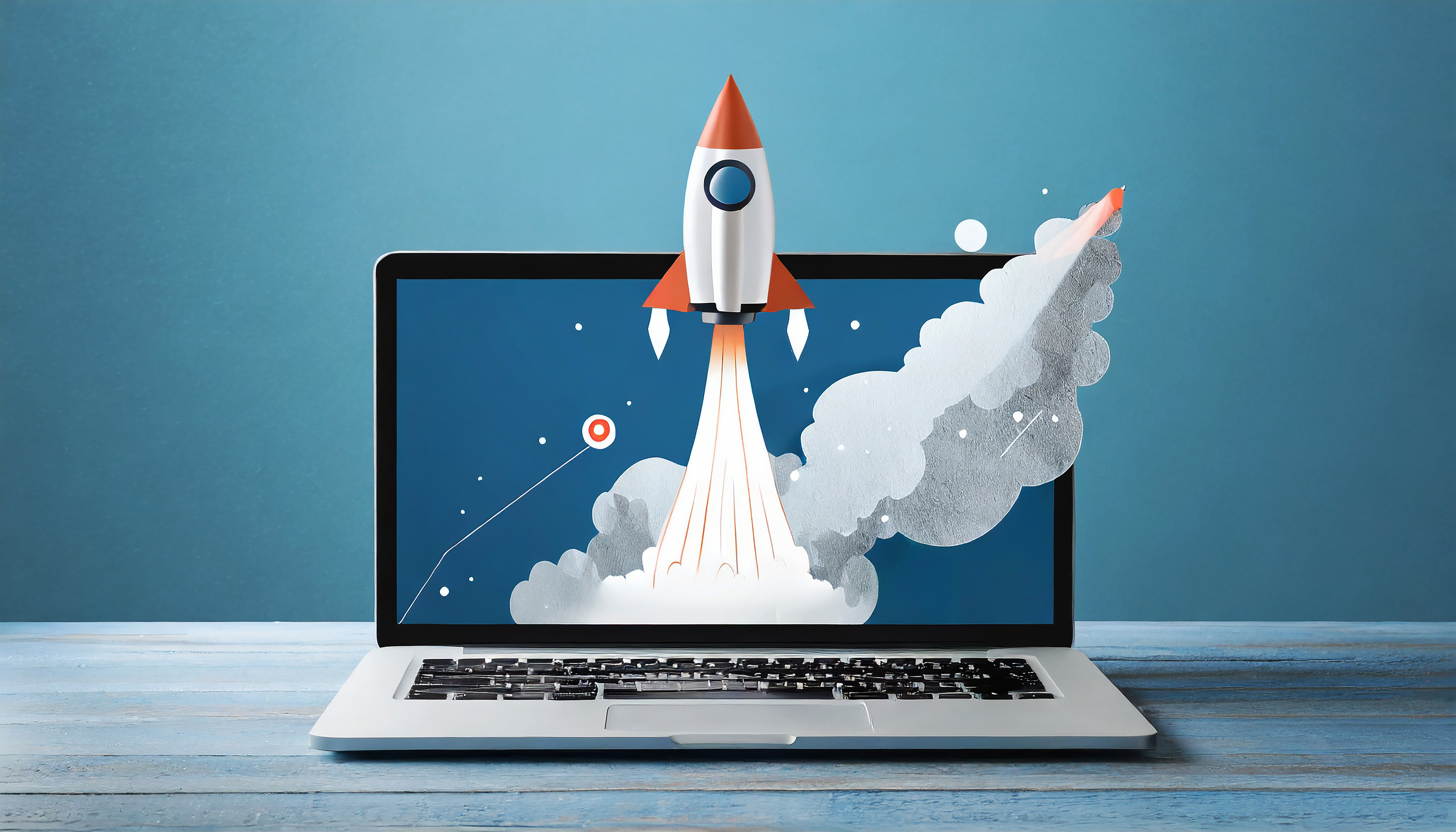 Leptop com foguete saindo de sua tela sobre um fundo azul escuro isolado