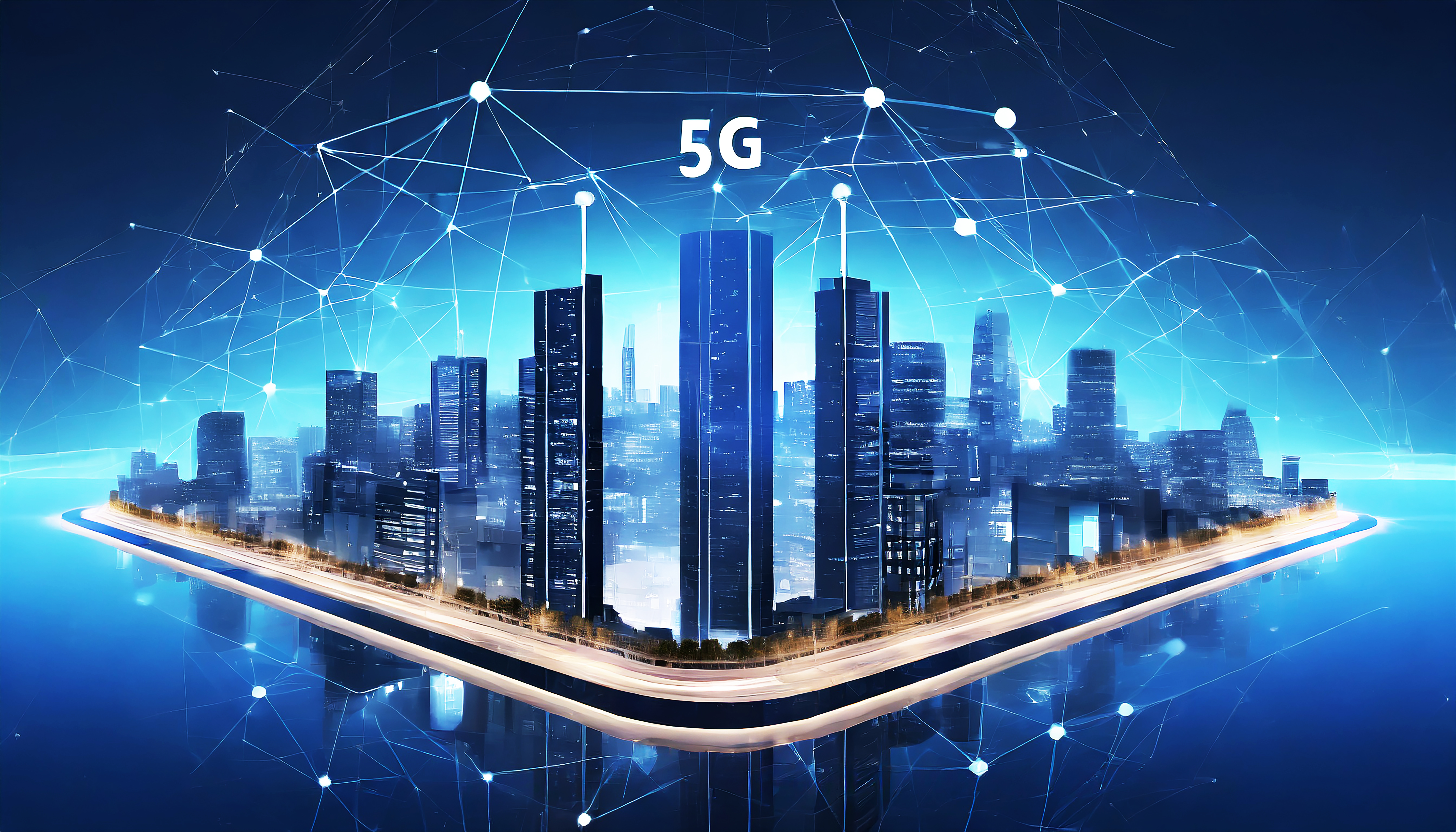 Cidade inteligente sobre fundo azul escuro com infraestrutura inteligente e edifícios conectados esta paisagem urbana futurista mostra integração de IoT 5G e IA