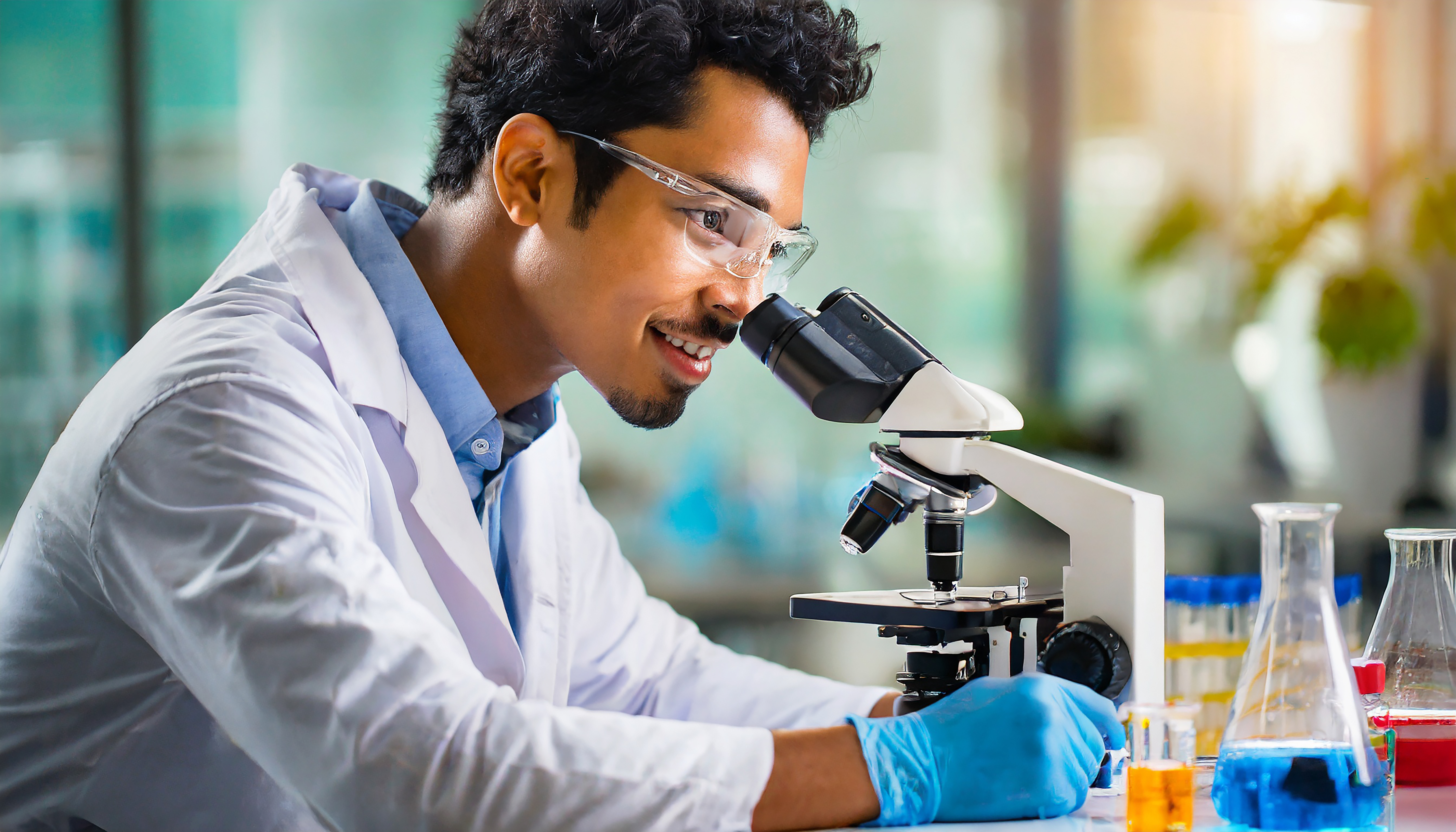 Pesquisador cientista usando microscópio em laboratório tecnologia de saúde médica e conceito de pesquisa e desenvolvimento farmacêutico