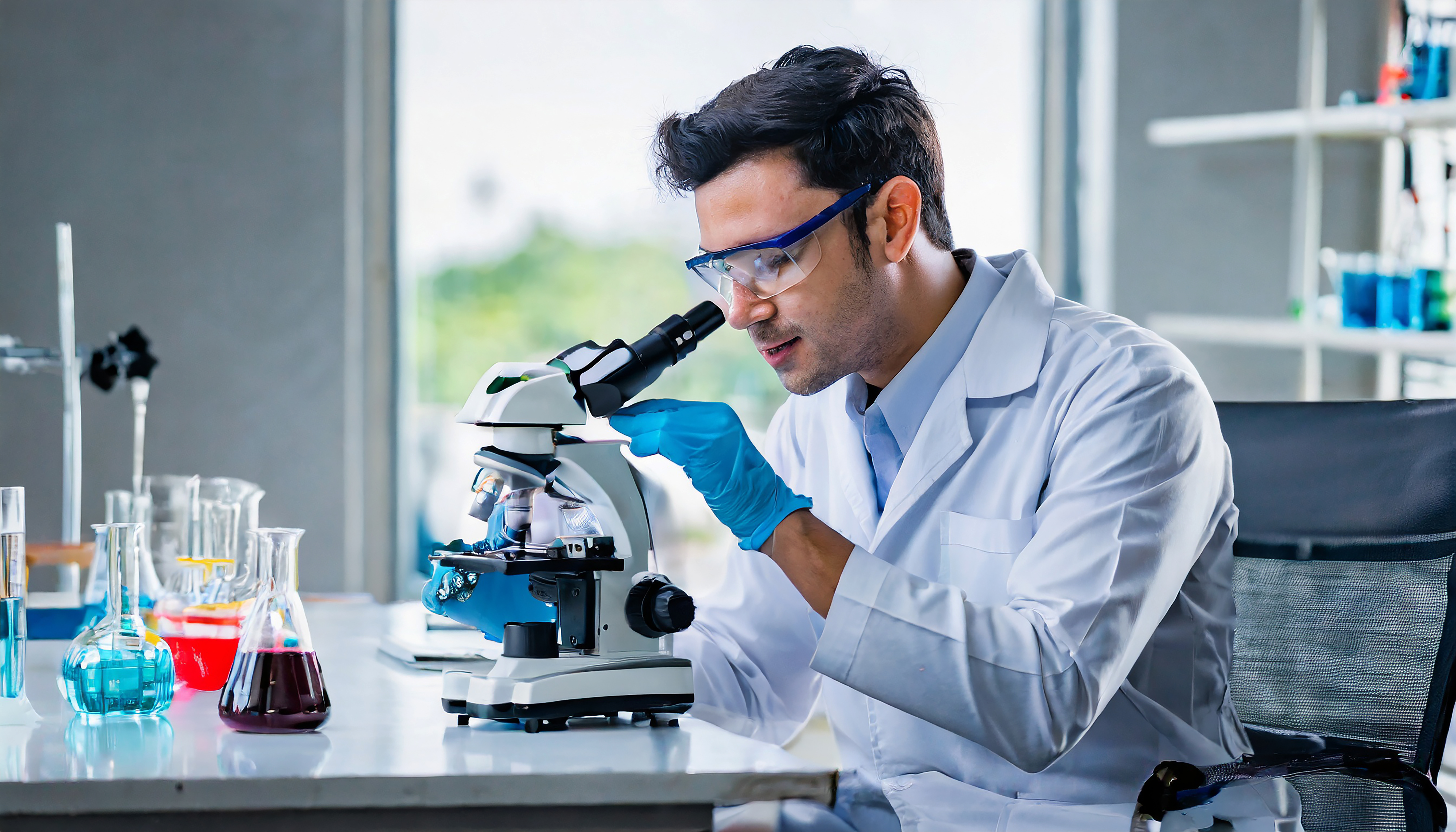 Pesquisador cientista usando microscópio em laboratório tecnologia de saúde médica e conceito de pesquisa e desenvolvimento farmacêutico