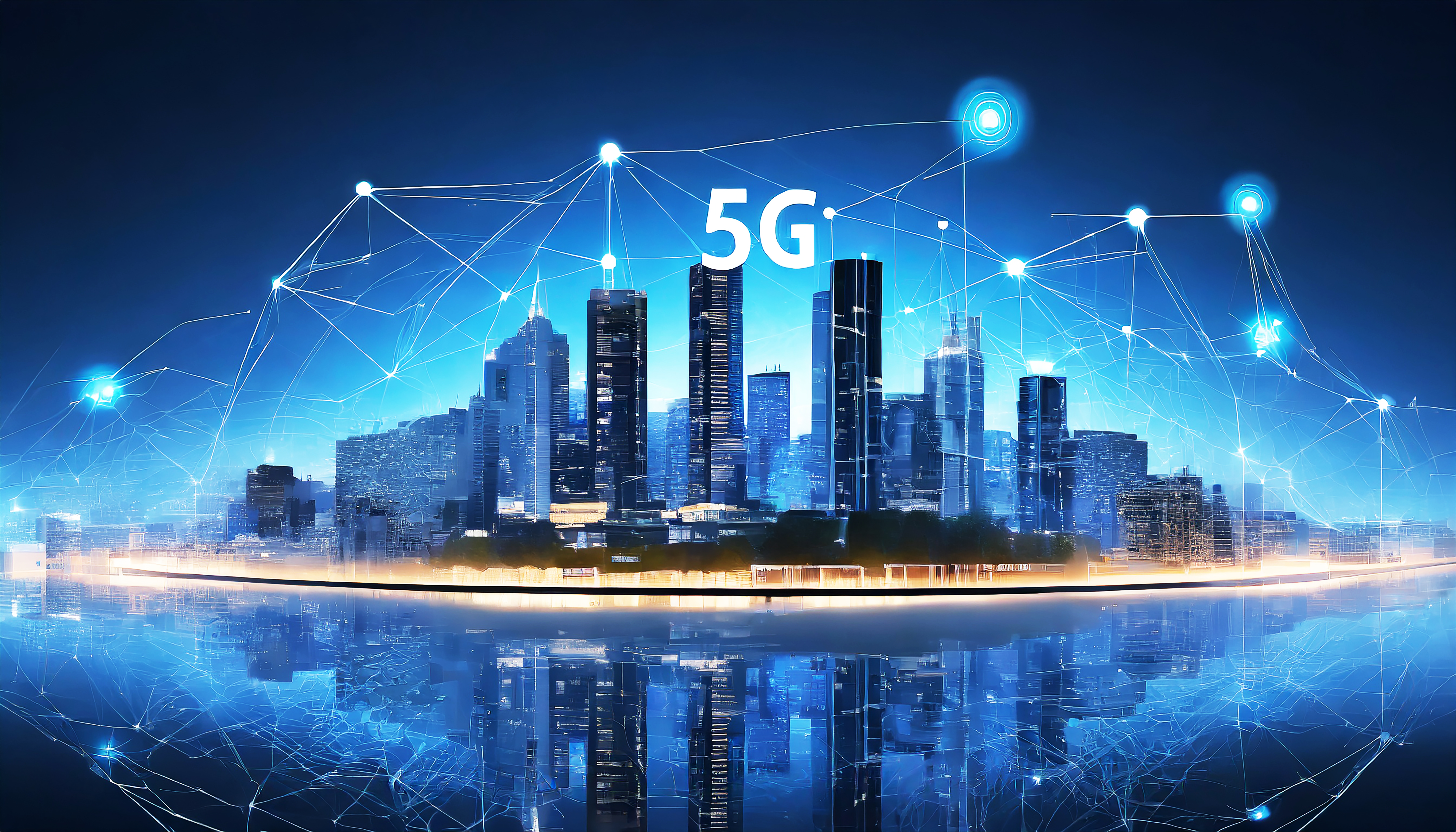 Cidade inteligente sobre fundo azul escuro com infraestrutura inteligente e edifícios conectados esta paisagem urbana futurista mostra integração de IoT 5G e IA